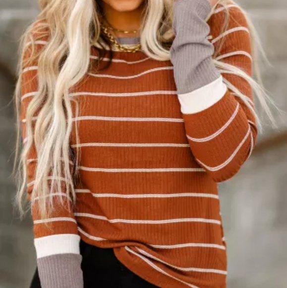 New Brown Extend Color Block Cuffs Rib Knit Striped Pullover - Picture 2 of 16